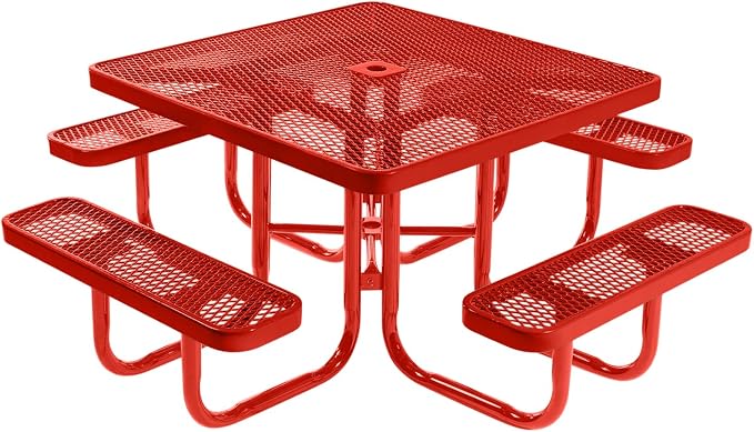 COATEDOUTDOORFURNITURE Heavy-Duty Portable Outdoor Picnic Table with Umbrella Hole, Expanded Metal Commercial-Grade Patio Furniture Made in America (46" Square Top, Red with Red Frames)