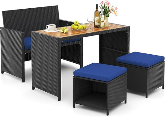 Tangkula 4 Pieces Patio Dining Set, Space Saving PE Rattan Loveseat with Acacia Wood Top Dining Table, Storage Ottomans & Soft Cushions, Outdoor Sectional Conversation Set (Navy Blue)
