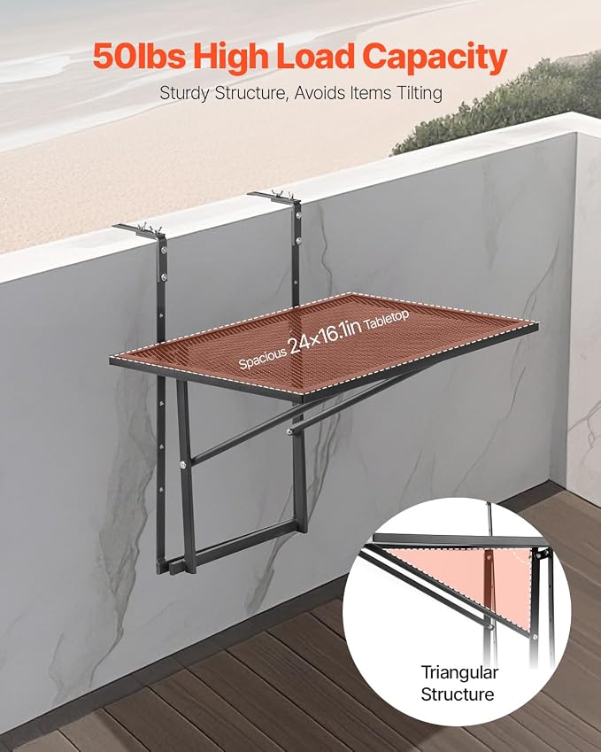 VEVOR Balcony Hanging Table, 24 x 16 inch Metal Folding Balcony Railing Table, 5-Level Adjustable, Fit Railing from 1" to 4.7", Serving for Outdoor Bar, Patio & Deck