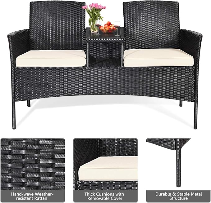 Tangkula Wicker Patio Conversation Furniture Set, Outdoor Furniture Set with Removable Cushions & Table, Tempered Glass Top, Modern Rattan Bench for Garden Lawn Backyard (White)