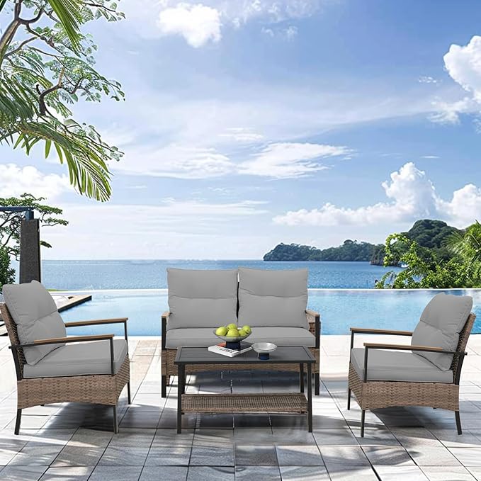 COOS BAY Sunset Haven Outdoor Patio Furniture Set, Outdoor Conversation Set, Rattan Wicker Sofa, Loveseat, 2 Patio Chairs and Coffee Table, Brown/Gray