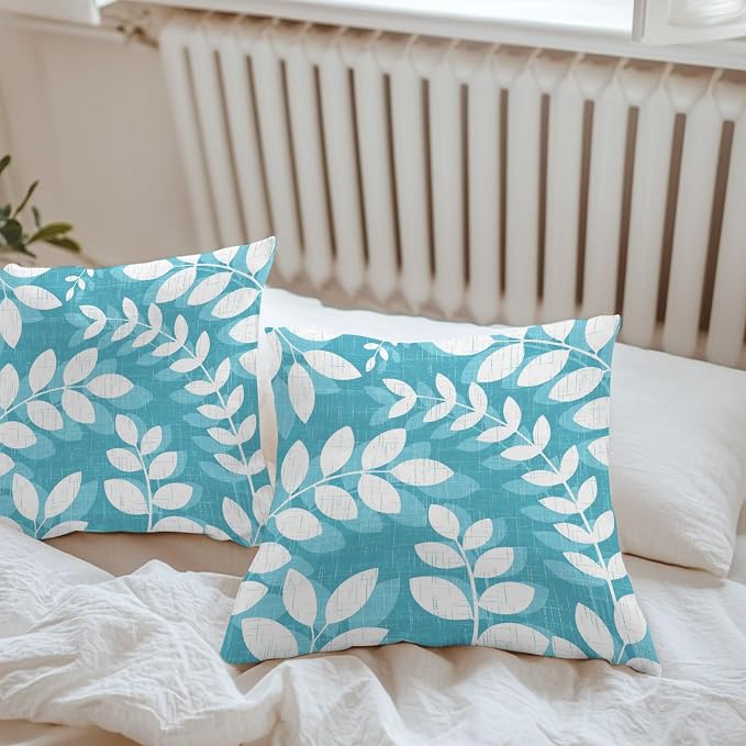 Teal Cyan Leaves Outdoor Waterproof Throw Pillow Covers 24x24 Set of 2, Farmhouse Botanical Branch Vintage Boho Leaf Decorative Pillowcases Cushion Pillowcase for Couch Sofa Patio Pillow Protector