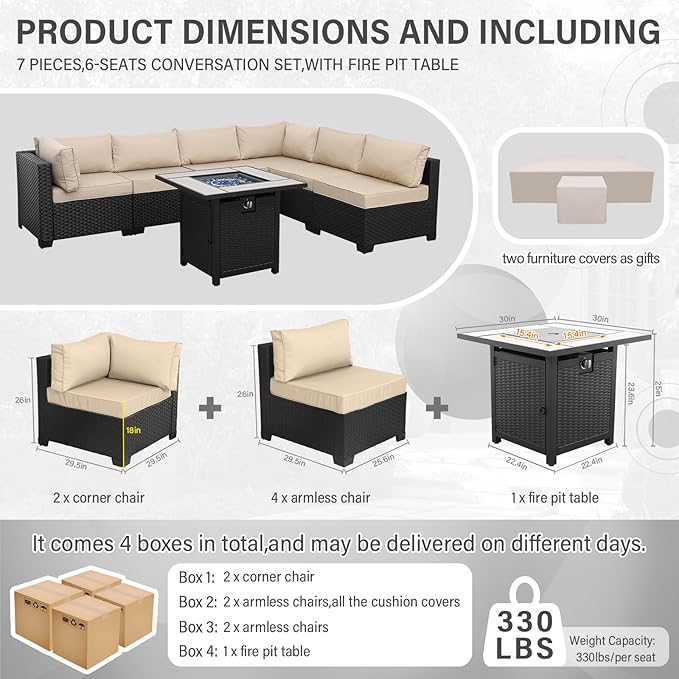 Valita Patio Furniture Set 30 Inches Fire Pit 7-Piece Outdoor Sectional Patio Couch 50000 BTU Steel Propane Fire Pit Table with No-Slip Cushions and Waterproof Cover, Khaki