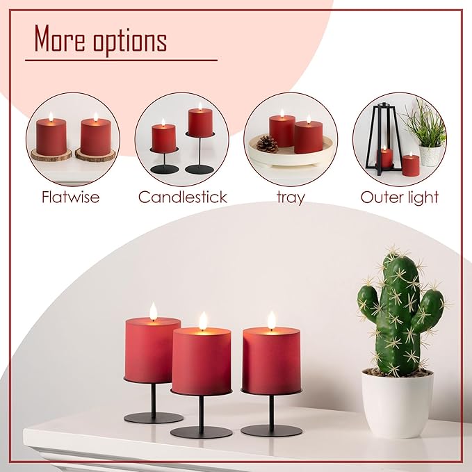 smtyle Christmas Red Flameless Plastic Pillar Candles 3x3 Vintage Color with Battery Operated Fake Flickering Candles Smart Remote - Perfect for Rustic Farmhouse Table Decorations & Indoor Room