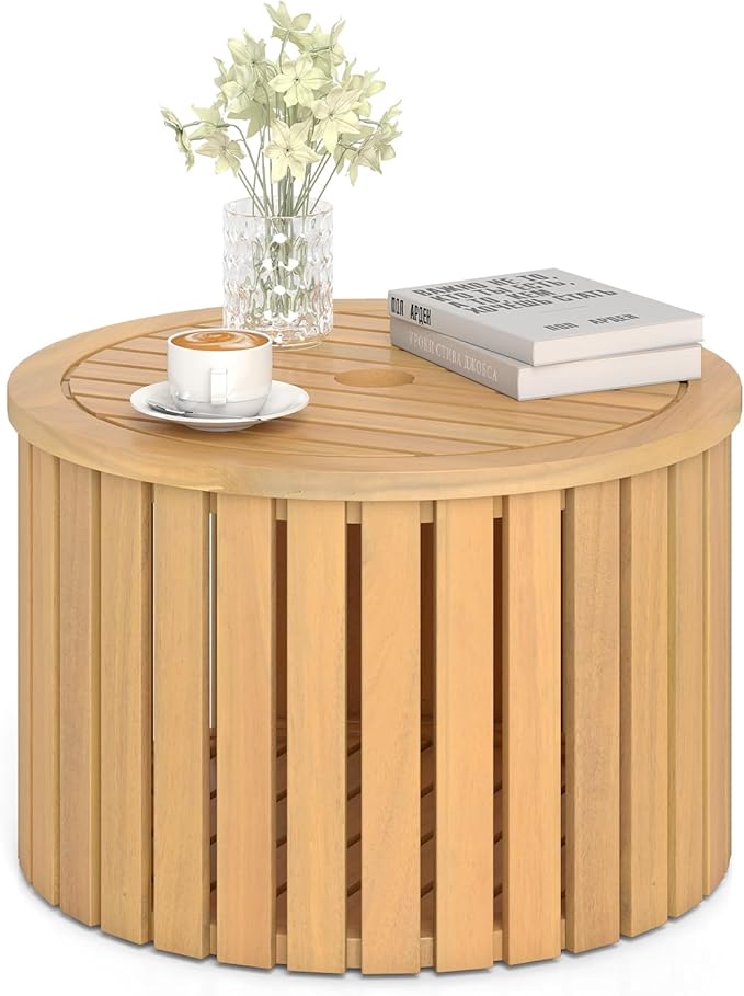 HAPPYGRILL Outdoor Side Table with Umbrella Hole, Acacia Wood End Table with Storage, Removable Base, Patio Storage Box for Backyard, Balcony, Poolside (Round)
