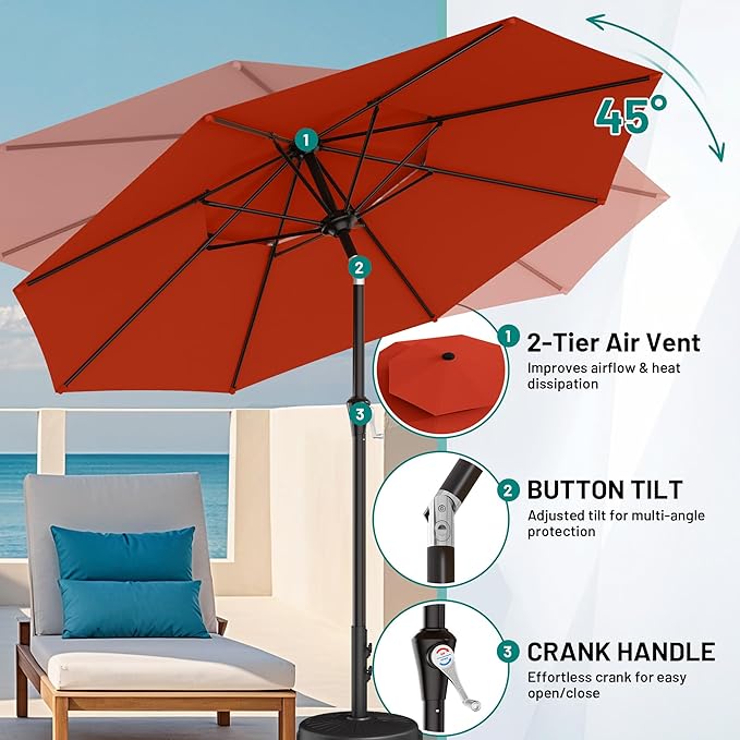 AreShark 9ft 2 Tiers Patio Umbrella - Outdoor Umbrella Waterproof UV Protection, Market Table Umbrella w/Push Button Tilt&Crank for Pool, Porch, Garden(Red)
