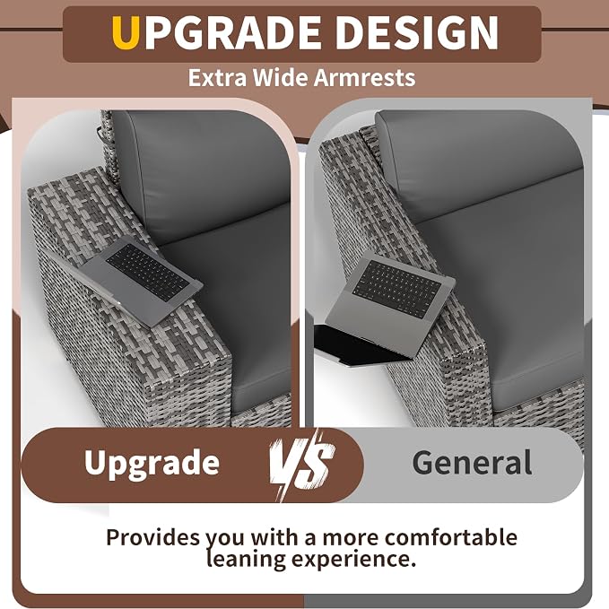 Outdoor Patio Furniture Set, Wide Outdoor Sectional Rattan Sofa Set, Wicker Patio Conversation Set with Cover for Deck, Poolside, Porch, 8 PCS (Grey & Grey)
