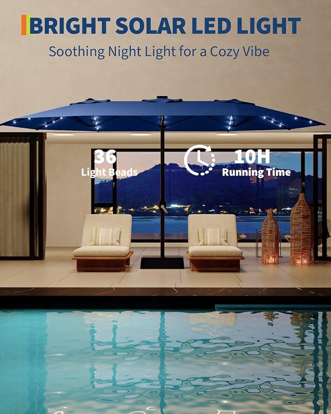 GarveeLife 15 ft Large Patio Umbrella with Lights, 36 LED Lights Double-sided Patio Umbrella with Weighted Base for Poolside Garden Backyard