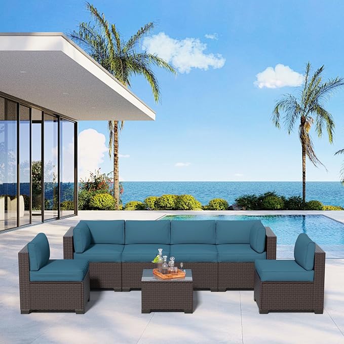 7 Piece Patio Furniture Set, Wicker Patio Conversation Sets, Outdoor Sectional Furniture with Tempered Glass Table, for Backyard, Deck, Garden, Dark Brown Rattan & Peacock Blue Cushions