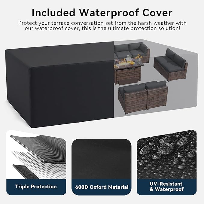 LazySunsets 12 Piece Outdoor Patio Furniture Set with 44'' Fire Pit Table, Outdoor Patio Furniture Sets with Waterproof Cover and 4'' Cushion, Wicker Rattan Outdoor Conversation Set for Backyard, Grey