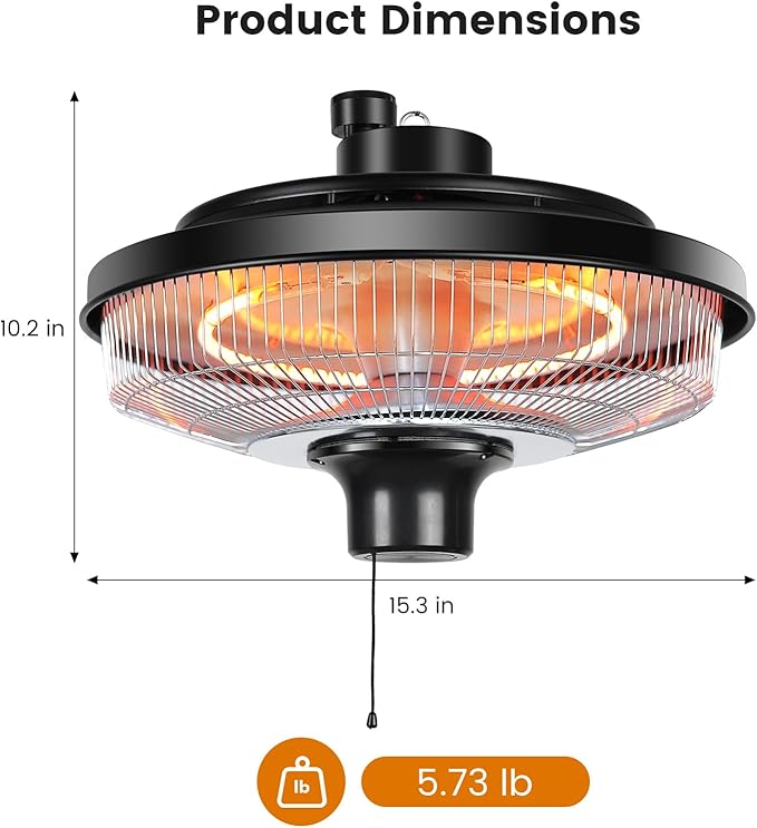 Fanspex Hanging Patio Heater, 1500W Electric Infrared Heaters for Home, Gazebo, Garage, Greenhouse, Ceiling Mount with Overheat Protection, IPX4 Water Resistance, Adjustable Height (Silver)