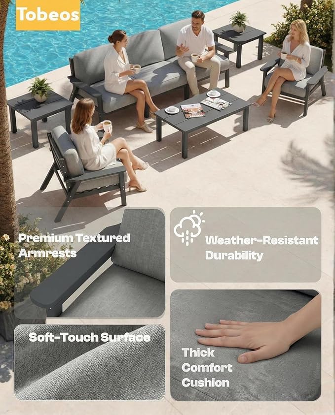 HDPE Patio Furniture Set 10 Seats, Outdoor Couch with Washable Thick Gray Cushions & Coffe Table & Side Table, Outdoor Sectional Furniture for Backyard, Deck, Lawn, Porch (Gray Frame)