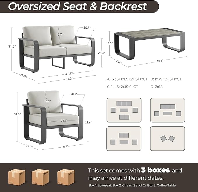 CHITA Aluminum Patio Furniture Sets, 4 Seats Patio Conversation Sets with Coffee Table, 4 Pieces Patio Sofa Sets with Thickened Olefin Fabric Cushion for Backyard, Garden, Balcony and Poolside