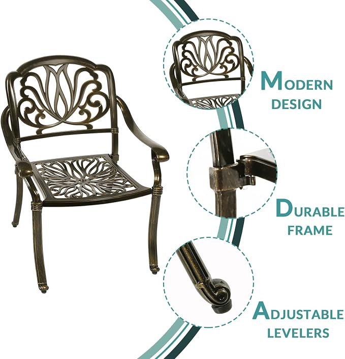 MEETWARM 2 Piece Patio Dining Chairs, Outdoor All-Weather Cast Aluminum Chairs, Patio Bistro Dining Chair Set of 2 for Garden Deck Backyard, Dark Bronze