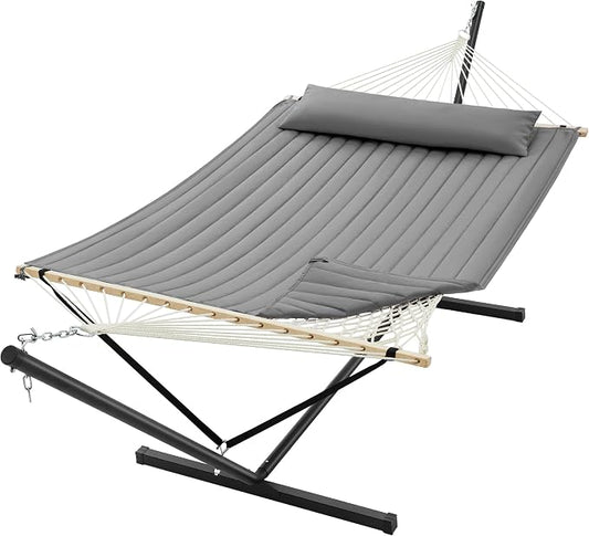 SUPERJARE 12ft Double Hammock with Stand, Rope Hammock for 2 Person, Detachable Hammock Bed and Pillow, Portable, Anti-Tip Safety Ropes, Carry Bag, Outdoor Backyard Patio Camping, Gray