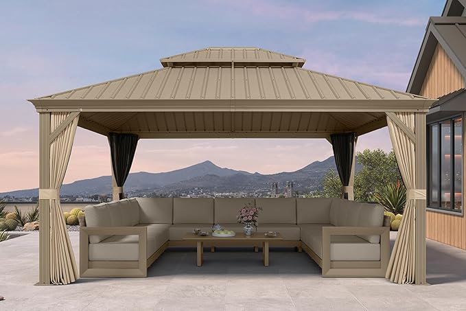PURPLE LEAF Outdoor Gazebo 13'X15'，Champagne Hardtop Gazebo with Galvanized Steel Double Roof, Permanent Patio Gazebo with Curtains and Netting for Patio Lawn Garden and Deck
