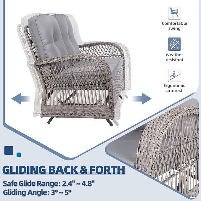 5-Piece Wicker Patio Furniture Sets Outdoor All-Weather Rattan Conversation Set Includes Glider Loveseat, 2 Glass-Top Coffee Tables, 2 Glider Rocker Chairs for Porch Backyard, Gray