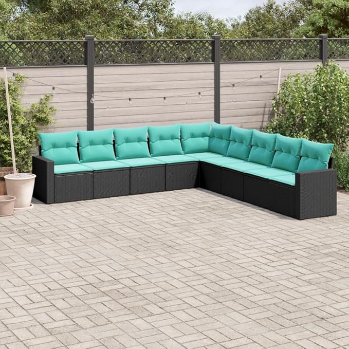9 Piece Patio Sofa Set with Cushions, Front Porch Furniture Porch Furniture Set Patio Conversation Set Outdoor Sofa Sets for Garden Negotiation Area Exhibition Poolside Black Poly Rattan