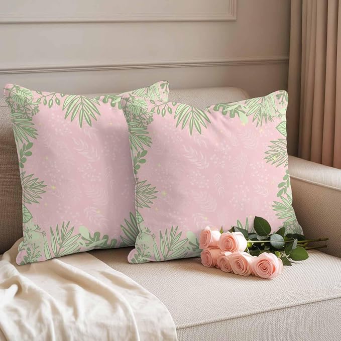 Outdoor Pillow Covers Set of 2, Watercolor Spring Green Leaves on Pink Decorative Throw Pillow Covers 16X16IN, Abstract Leaf Throw Pillows Protector Cushion Case for Patio,Couch,Sofa,Garden
