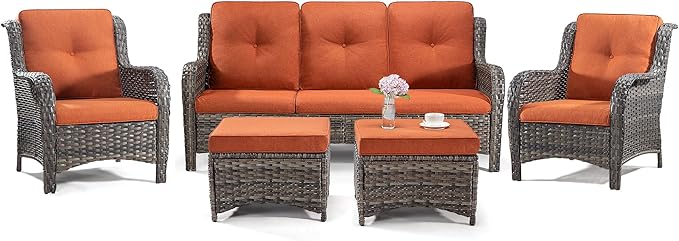 Patio Furniture Set 5-Piece Wicker Outdoor Furniture Conversational Set with 3-Seat Sofa, 2 Armchairs, 2 Ottoman Patio Rattan Wicker Sectional Sofa Set with Olefin Cushions, Orange