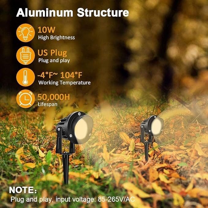 Romwish LED Landscape Spotlights 10W, 120V Plug in Outdoor Spot Lights, 1100LM 3000K Warm White Landscape Lighting, IP65 Waterproof Garden Lights for Yard Tree Pathway Flag-6 Pack