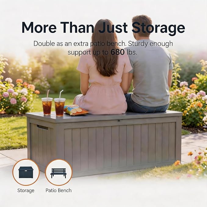 199 Gallon Large Resin Outdoor Storage Box, Waterproof Deck Box with Lockable Lid, Outside Storage Box for Patio Furniture, Pool Accessories, Garden Tools, Storage Bench for Backyard Porch,Gray Coffee