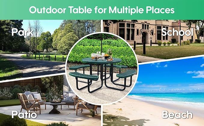 46 Inch Round Outdoor Metal Picnic Table, All-Weather Patio Dining Set for 6-8 Adults, Heavy Duty Steel with Central Umbrella Hole, Perfect for Garden, Backyard, Deck & Small Spaces - Easy Assembly