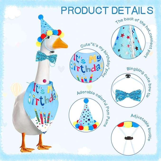 Birthday Outfit Set for Porch Goose Statue 23"& 17" - Party Bandana, Hat & Bow Tie for Outdoor Yard Decor, Cement Goose