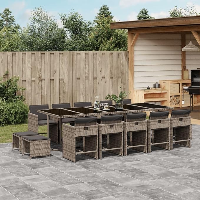 15 Piece Outdoor Dining Set, Poly Rattan Garden Table and 14-Seater Patio Chairs with Cushions, Space-Saving Cube Furniture for Backyard, Balcony, Gray
