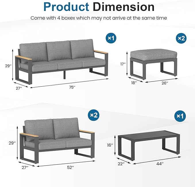 Aluminum Outdoor Patio Furniture Set with Height-adjustable Footrest for Lawn Porches Patio, 7 Piece All-weather Patio Sofa Sets with Coffee Table & Ottomans, Outdoor Patio Conversation set, Grey