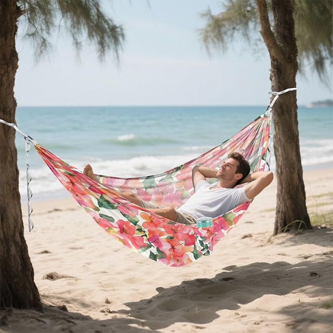 Camping Hammock Outdoor Hammocks for Outside Orange Bougainvillea Flowers Beach Trees Portable Lightweight with Pockets Tree Straps Indoor