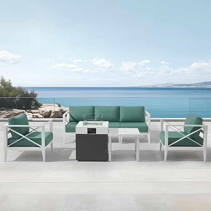 MBY Outdoor Aluminum Patio Furniture Set, 5-Seats Patio Conversation Sofa Set with 37,000 BTU Fire Pit Table w/Glass Wind Guard, All Weather for Pool, Balcony, Garden-White