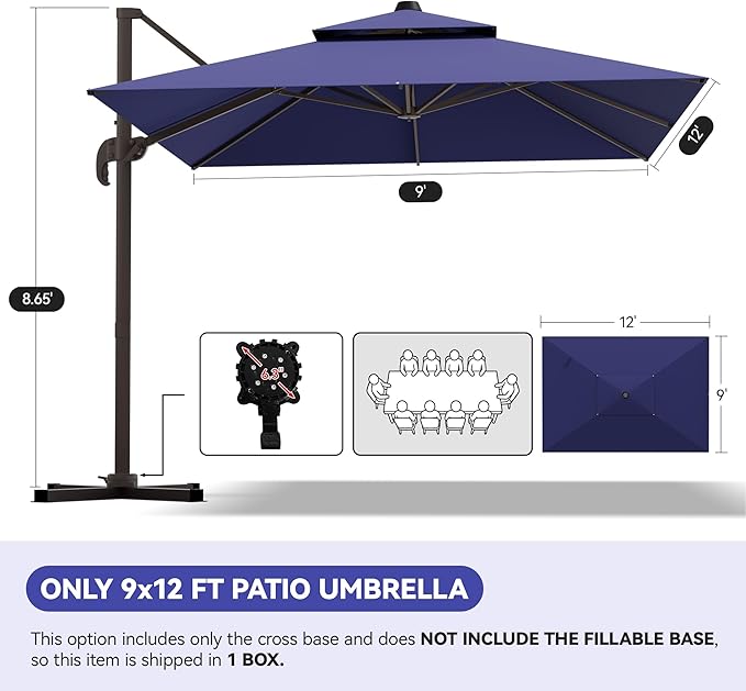 GENTEACO 9x12FT Cantilever Patio Umbrella, Double Top Rectangle Offset Umbrella 7 Angle Tilts & 360° Rotation, Large Heavy Duty Outdoor Sun Umbrella for Pool Market, Navy Blue