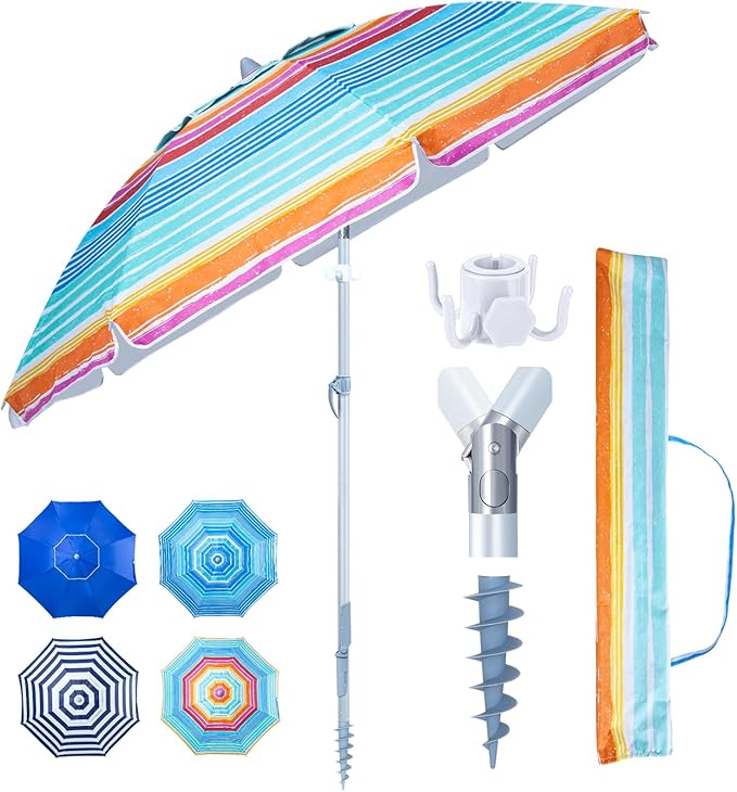Tempera Heavy Duty High Wind Beach Umbrella with Sand Anchor & Carry Bag | Patio Outdoor Umbrella with Aluminum Frame and Push Button Tilt, Ideal for Travel Garden Lawn, UPF 60+