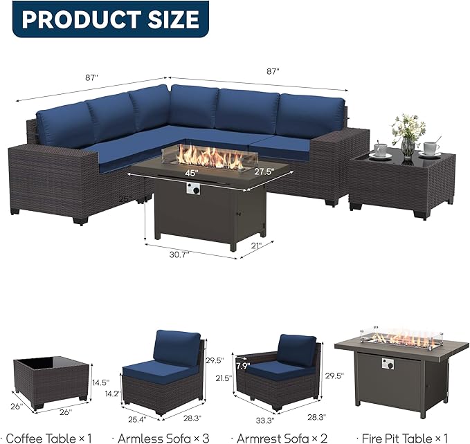 Patio Furniture Set 7 Pieces Outdoor Furniture Patio Conversation Set w/43in Aluminum Gas Fire Pit,PE Rattan Wicker 7 Pcs Outdoor Sofa Set w/55000 BTU Propane Fire Pit Table,NavyBlue