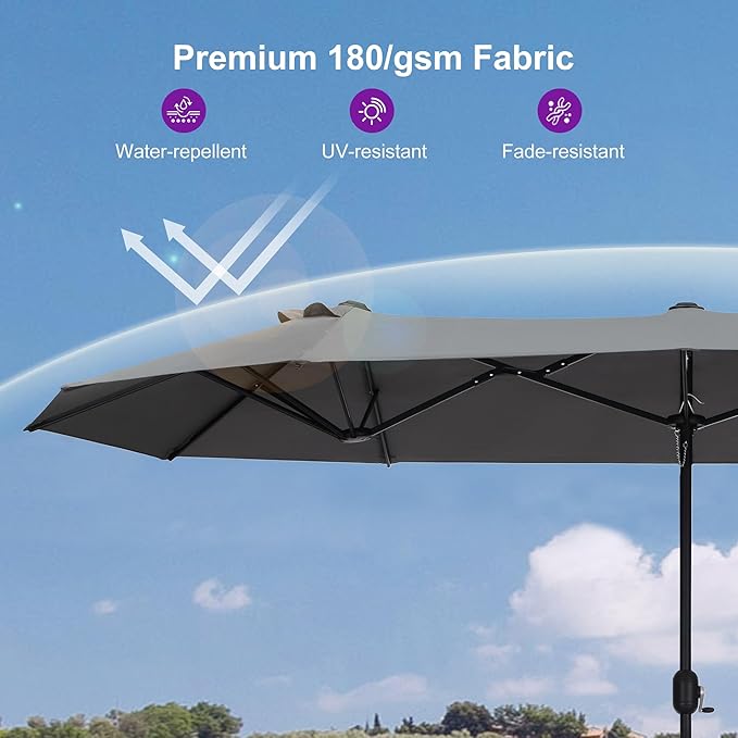 PURPLE LEAF 15ft Patio Market Umbrella with Base Double-Sided Rectangle Outdoor Table Sun Umbrellas with Crank 12 Heavy Duty Sturdy Ribs for Pool Beach Deck Backyard Light Gray