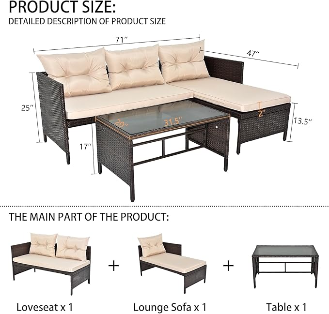 3 Piece Outdoor Patio Furniture Set, Rattan Wicker Sofa Set, Outdoor Furniture Chair Set with Tea Table, Sofa Set, Outdoor Furniture Rattan Patio Conversation Set with Coffee Table