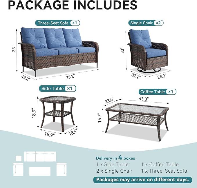 LazySunsets 7 Piece Outdoor Patio Furniture Set with Coffee Table, Wicker Rattan Outdoor Furniture with High Back Swivel Rocker Chairs, Outdoor Conversation Set with Thick Cushion, Navy Blue