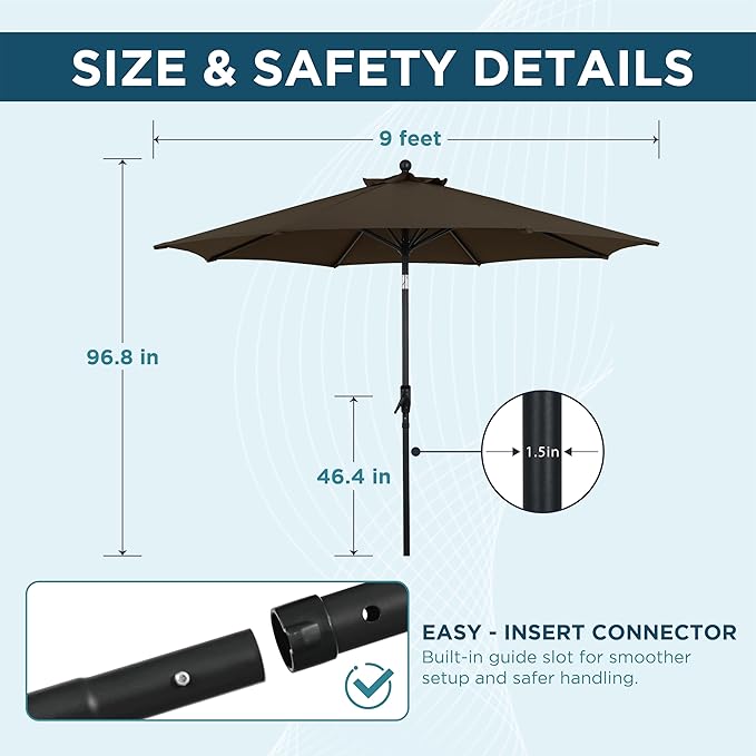 9FT Outdoor Patio Umbrella with Crank Lift & Auto Tilt - Market Umbrella, 8 Heavy-Duty Ribs, UV Resistant & Water-Repellent for Garden, Deck, Poolside & Backyard