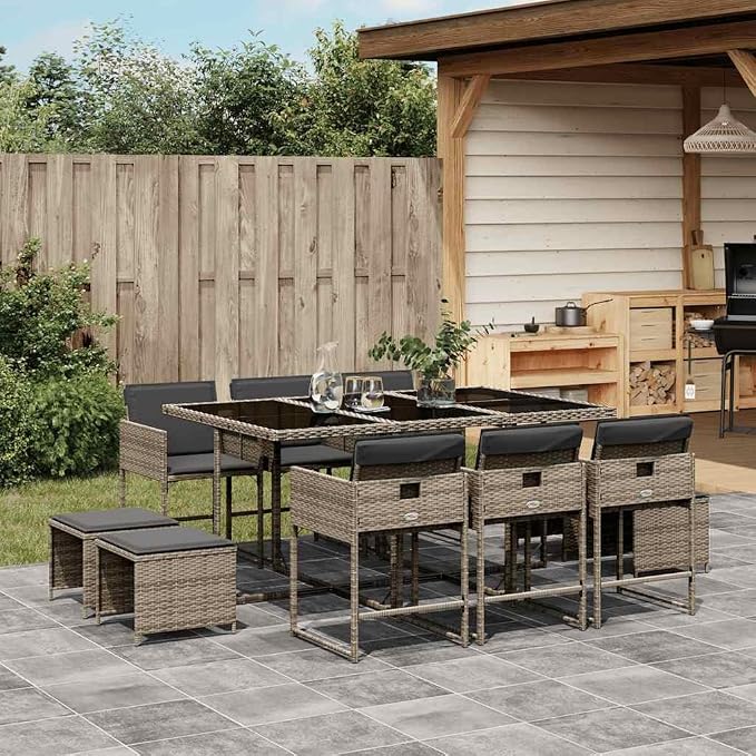 11 Piece Patio Dining Set with Cushions Gray Poly Rattan Outdoor Table and 6 Chairs with 4 Stools Folding Stackable Space Saving Comfortable Seating for Garden Backyard UV Proof Tempered Glass Top