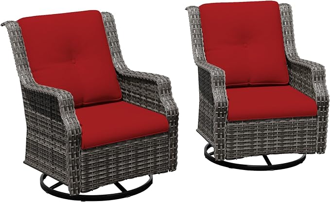 Outdoor Wicker Chairs Set of 2, Patio Swivel Rattan Chair with Wide Armrest and Thick Cushions, Ideal for Backyard, Garden, Poolside, Red