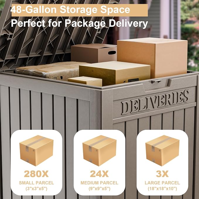 Vixzen Extra Large Package Delivery Box for Outside,Waterproof & Sturdy Parcel Drop Boxes,Resin,Easy to Assemble,Package Drop Box for Porch, House, Curbside,Light Brown