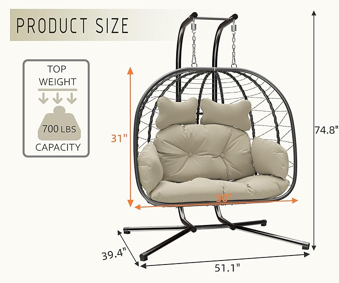Double Egg Chair wth Stand Hammock Swing Chair Foldable Hanging Loveseat, UV Resistant Removable Cushions, 700LBS Capacity