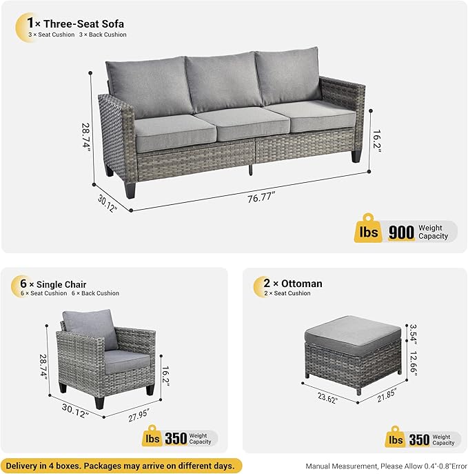 ovios Patio Furniture Set, 9 Pieces Outdoor Wicker Sofa Couch with 6 Chairs, Ottomans and Comfy Cushions, All Weather High Back Rattan Conversation Set, Dark Grey