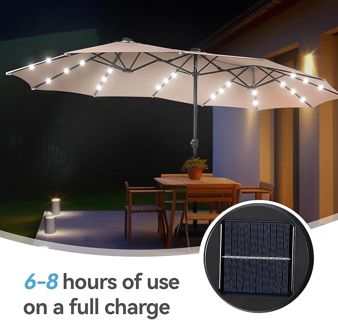 GREEN PARTY 15 ft Large Outdoor Patio Umbrella with Solar Led Lights & Base Included, Double-Sided Rectangular Table Umbrella with Stand, Market Umbrellas for Deck Poolside Garden Backyard, Beige