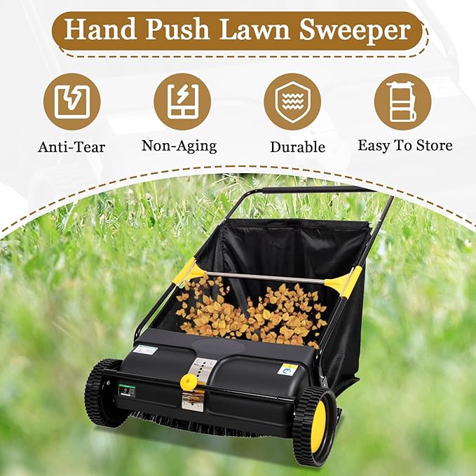 26 Inch Lawn Sweeper Push Hand Powered for Leaves, Grass Clippings & Yard Debris, 4 High-Speed Brushes & Large 7 cu ft Hopper Bag | Adjustable Height, ABS+Steel Frame (26 Inch Black)