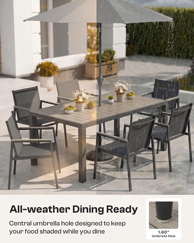 Outdoor Dining Set for 8, Aluminum Patio Table and Chairs Set, 10-Piece All Weather Patio Dining Furniture Set with Umbrella Hole for Backyard, Deck, Poolside (Gray)
