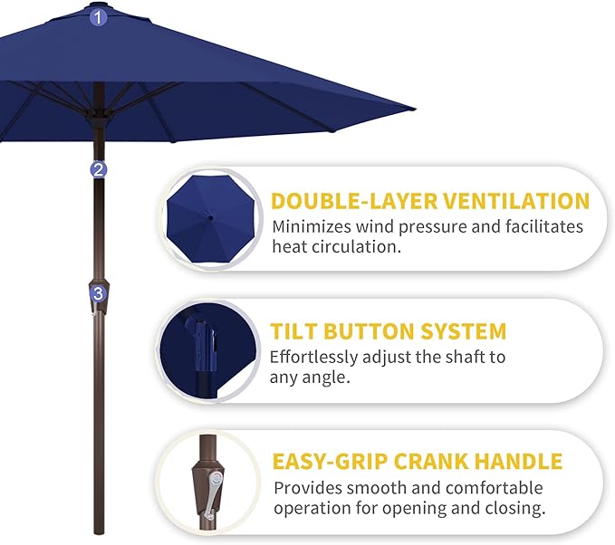 Kingdura 9FT Outdoor Patio Umbrella, Market Table Umbrella with Push Button Tilt & Crank, 8 Sturdy Ribs, UV Protection for Garden Lawn Deck Backyard Pool (Navy blue)