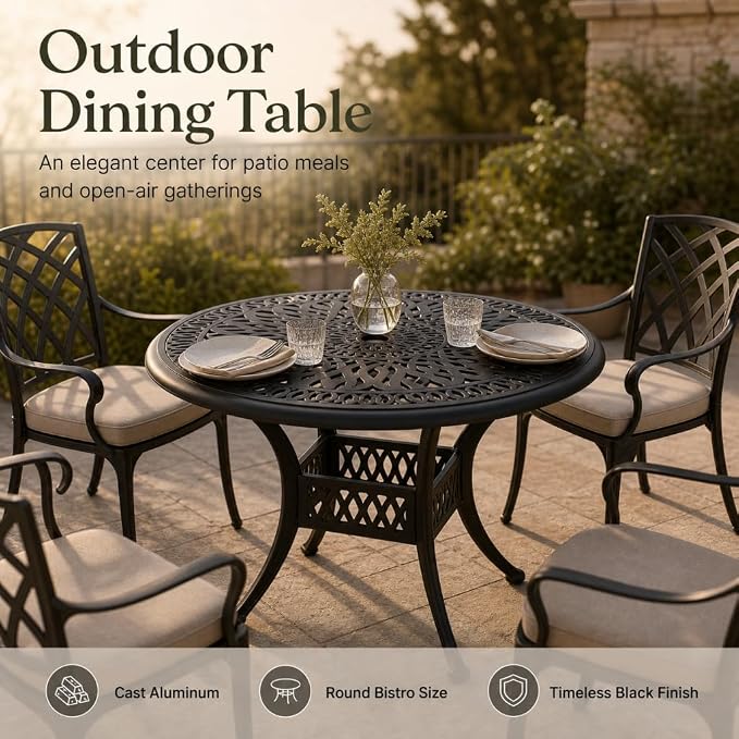 IRONORA 35 Inch Outdoor Dining Table Cast Aluminum, Patio Round Bistro Table with Umbrella Hole for Backyard, Garden, Patio, Porch, Poolside