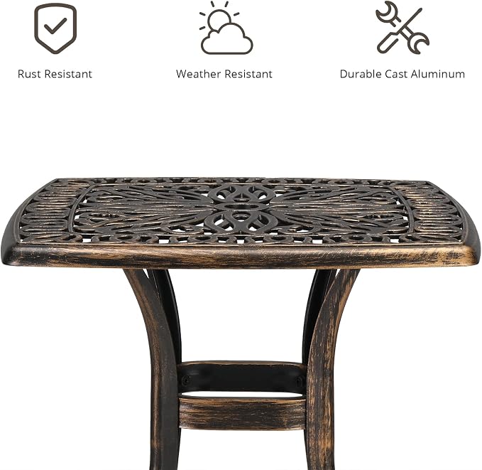 34.5" Outdoor Bistro Table - Square Cast Aluminum Small Patio Side Tables, Outdoor End Table All Weather Furniture with Umbrella Hole and Antique Design for Balcony Yard Porch Garden Bronze